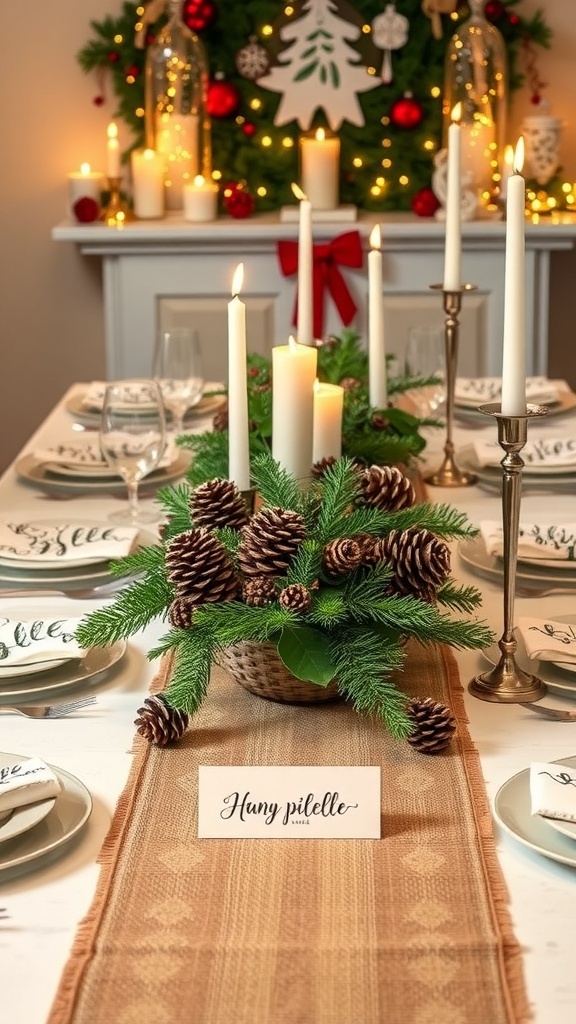 A festive Christmas table setting with pinecone centerpiece, burlap runner, and personalized place cards.